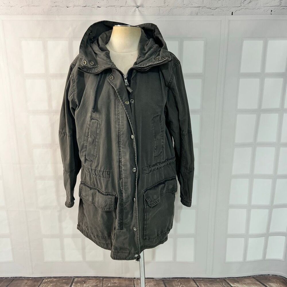 Gap Grey Winter Warmth Full Zip Snap Mid Length Cotton Hooded Jacket Size XL